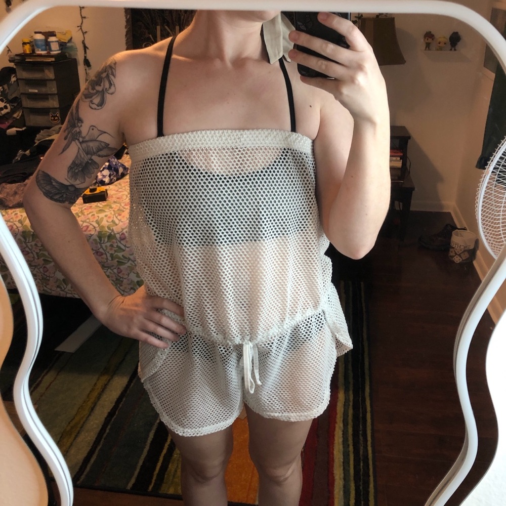 3/$25 “Cotton candy” White mesh romper with drawstring waist